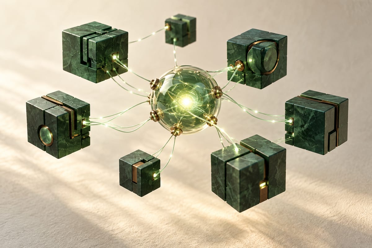 Connected computing modules and a central glowing node, an illustration of model routing.