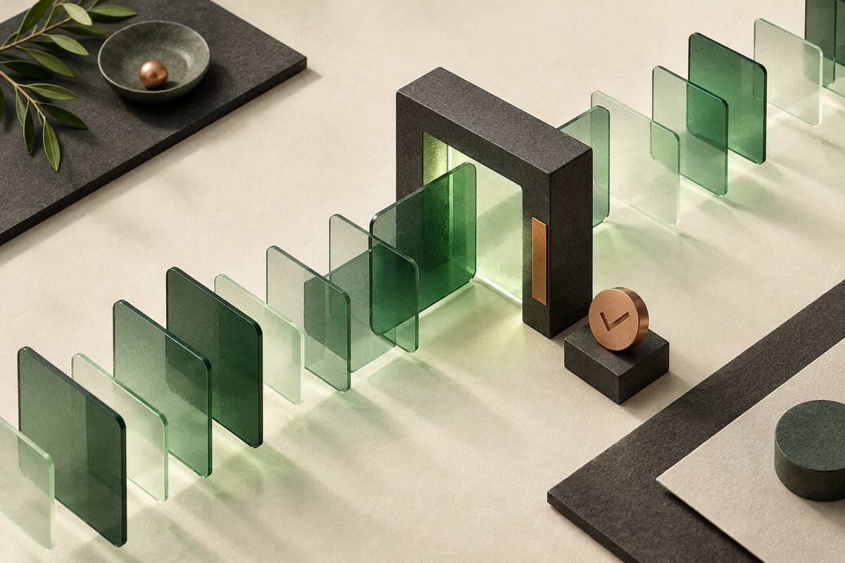Layered translucent panels passing through an inspection gate, a metaphor for checking generated code.