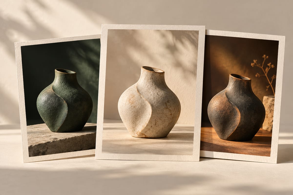Related ceramic compositions in layered frames, exploring consistent objects with changing light and color.