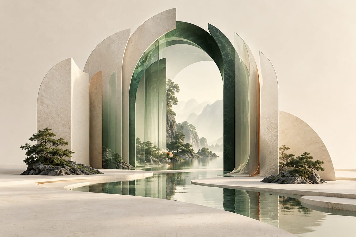 An abstract portal built from translucent green slices on warm ivory.