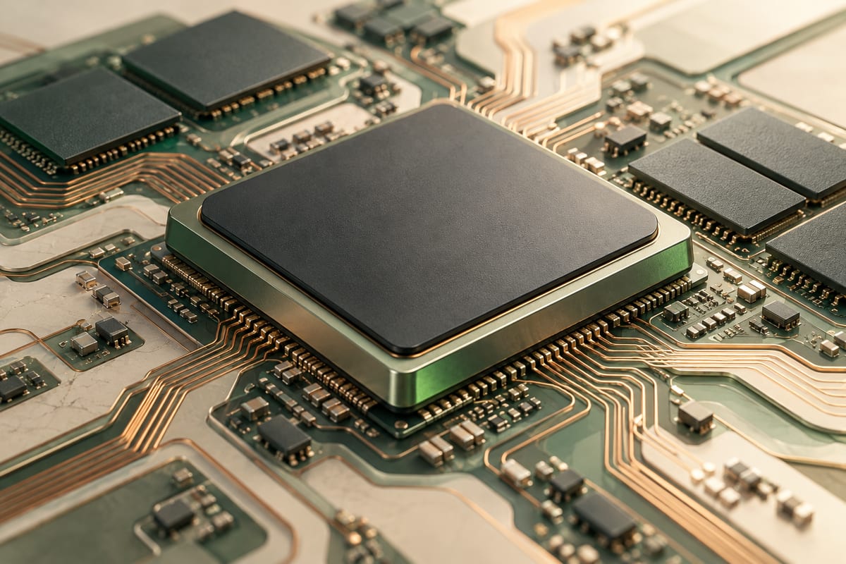 An unbranded computing chip surrounded by layered circuit traces and memory modules.