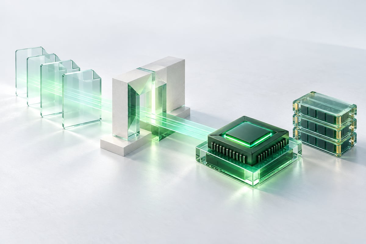 Translucent file slices pass through an inspection gate to a compute chip and separate memory modules, illustrating a local inference path.