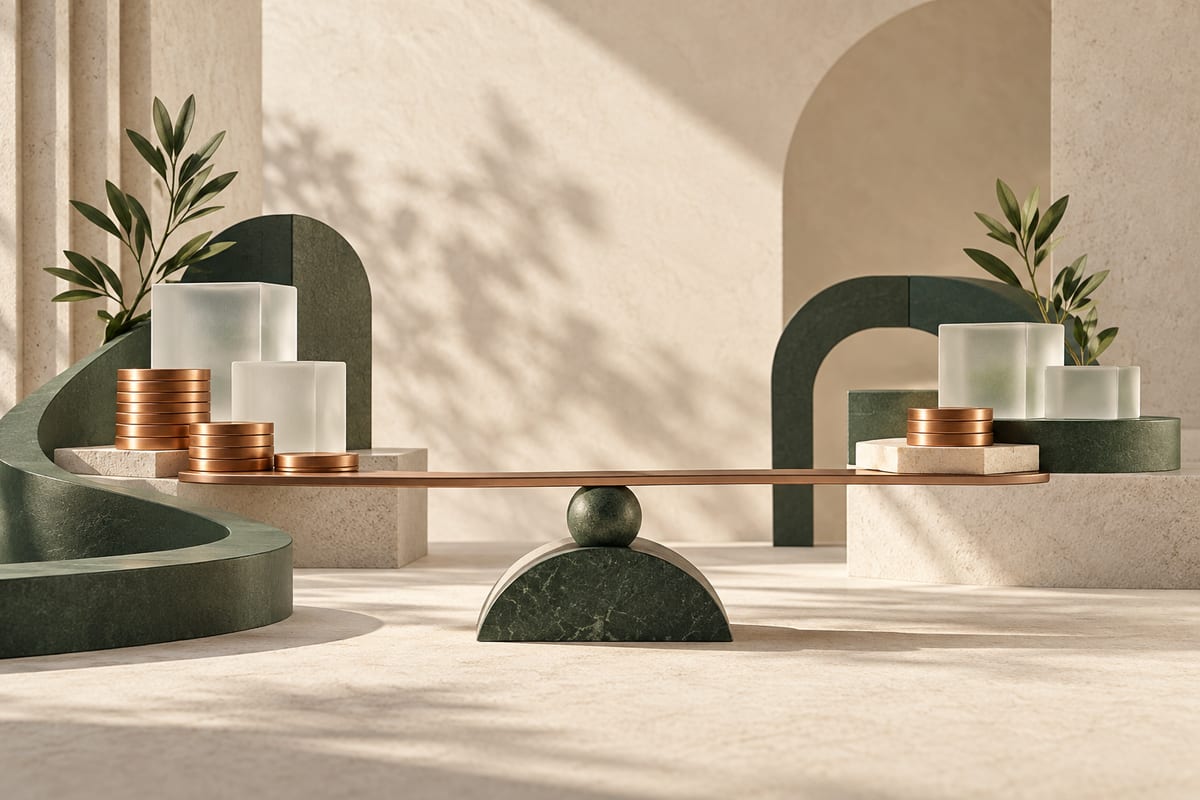 Copper tokens, transparent containers and green paths, a conceptual illustration of costs and useful output.