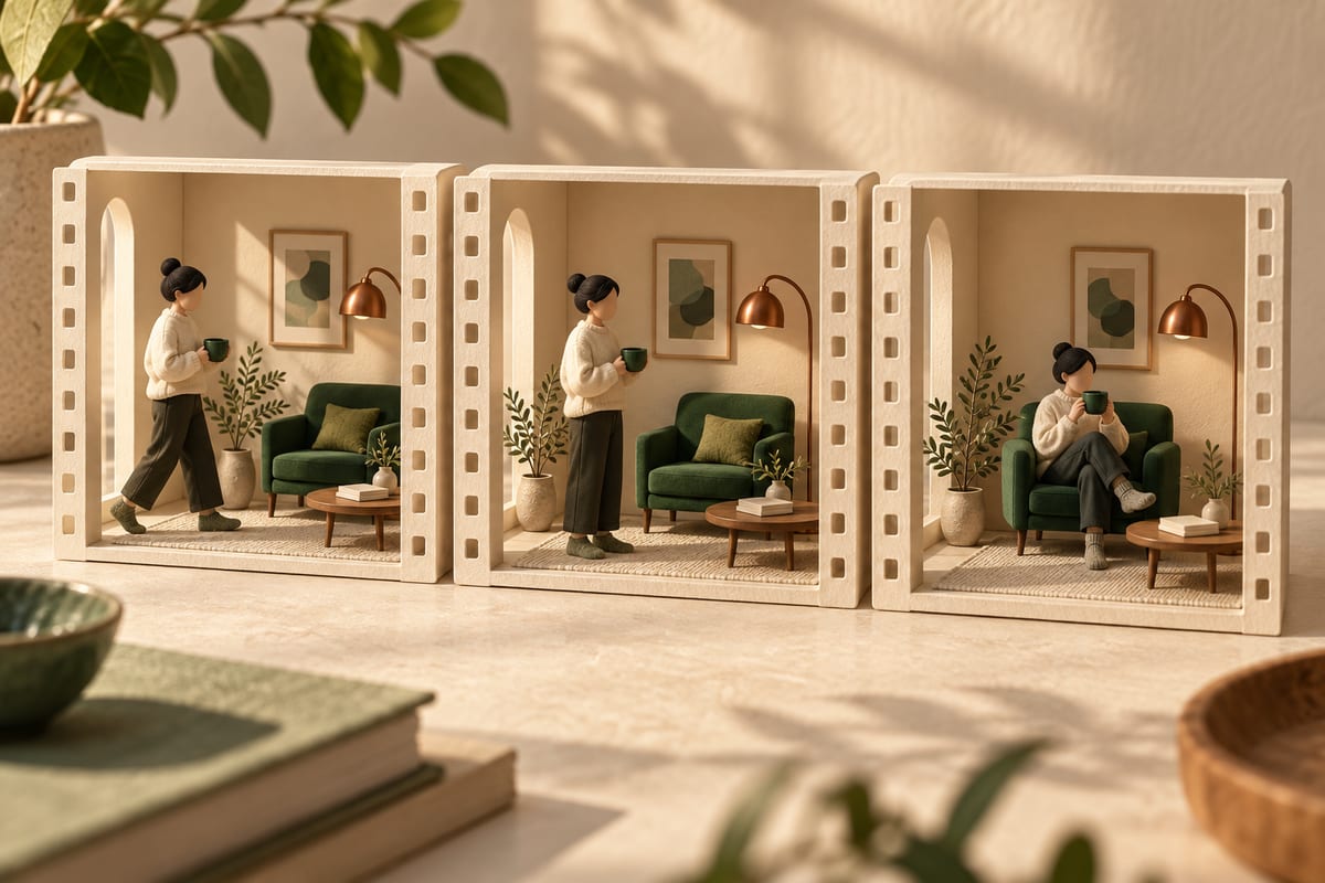 A stylized character and green cup across three miniature film scenes, illustrating visual continuity.